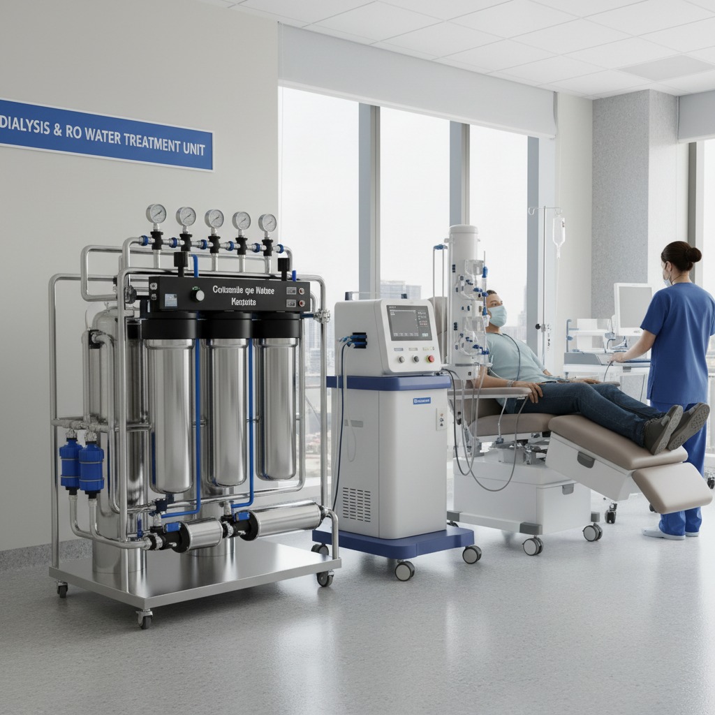 A dialysis and RO water treatment unit sits in a medical room next to a patient receiving treatment from a nurse.